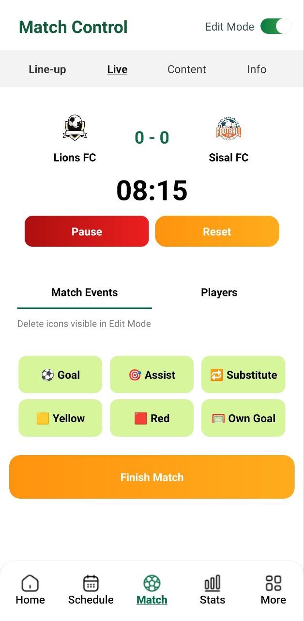 Live match control screen